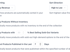 Akikumo collection settings interface showing automatic revenue sorting and options to bury out-of-inventory or sold-out products and boost recently published products.