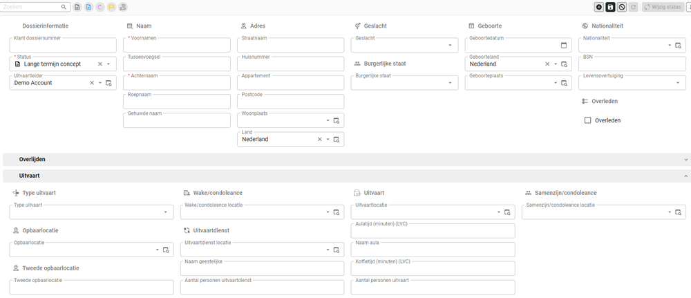 Digital case file (dossier) in AlleRust: personal details, funeral planning and locations in one screen