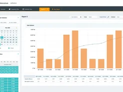 AllMediaDesk AdPerform reporting dashboard with date and filter panels, a bar-and-line chart, and a table of campaign metrics.