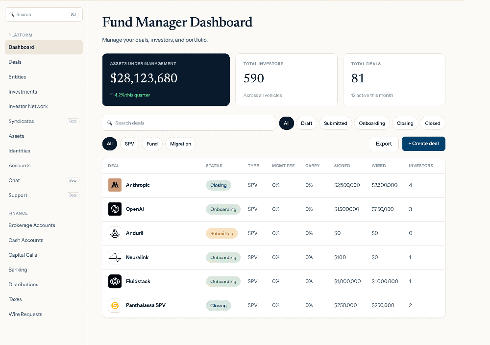 Fund manager dashboard with deal pipeline, investor totals, and investment table.
