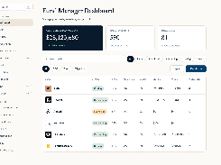 Fund manager dashboard with deal pipeline, investor totals, and investment table.