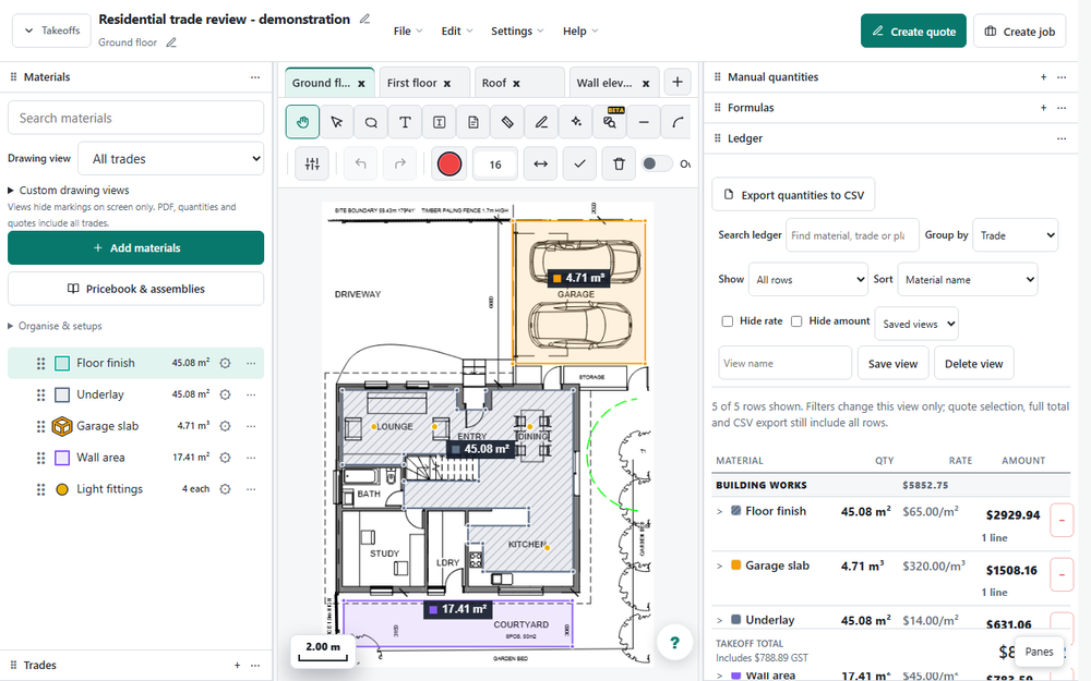 Desktop takeoff workspace showing a house plan with measured floor finish, garage slab, underlay, wall area, and light-fitting quantities in a ledger.