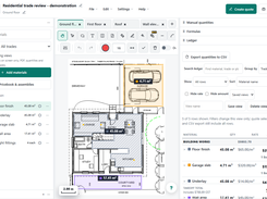 Desktop takeoff workspace showing a house plan with measured floor finish, garage slab, underlay, wall area, and light-fitting quantities in a ledger.