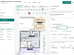 AllQuote-style desktop takeoff workspace showing a residential floor plan, material list, drawing tools, quantity formulas, ledger values, and Create quote and Create job buttons.