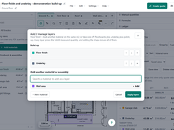 Desktop takeoff workspace with a modal titled “Add / manage layers,” listing Floor finish and Underlay materials over a residential floor plan and quantity ledger.