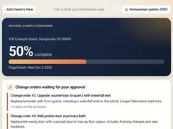 Desktop homeowner-view screen showing project progress and change orders for countertop and pocket-door work awaiting approval.