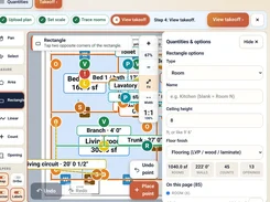 Plan takeoff workspace showing a floor plan with measurement tools, quantity markers, room options, and takeoff totals.