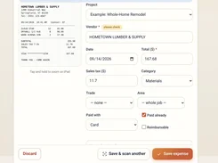 Receipt-scanning review form showing an example lumber-supply receipt, OCR confidence notice, extracted vendor, date, total, tax, category, and save controls.
