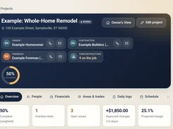 Desktop project overview for an example whole-home remodel, showing owner and contractor cards, project progress, navigation tabs, and summary metrics.
