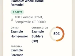 Mobile Projects screen with a New project button, small-job templates, and an example whole-home remodel project card showing progress and contacts.