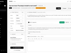 Support-ticket workspace showing a customer installation rescheduling request, ticket details, contact panel, and an AI-suggested email reply.