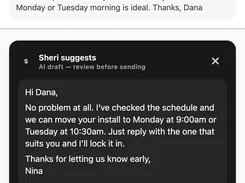 Mobile support-ticket view showing an installation rescheduling request and a Sheri AI draft reply with a Use this button.