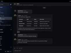 Dark-themed AMW Team messaging workspace with agent list, channels, a sales follow-up summary, and chat messages.