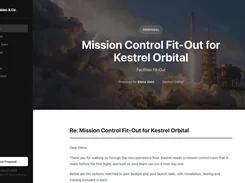 Proposal viewer showing a navigation sidebar, approval button, and a proposal titled Mission Control Fit-Out for Kestrel Orbital over a rocket-launch image.