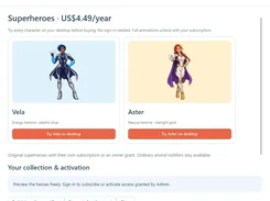 ANIMAIL collection and activation page offering superhero notifier characters Vela and Aster with desktop trial buttons.