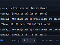 Dark interface section titled “Ranking de Estrategias (Top 100)” listing SMA cross-under strategies and showing in-sample percentage and ranking controls.