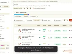 AnswerGravity Prompts page listing tracked AI-search prompts with position, volume, brand mention, change, and location columns.