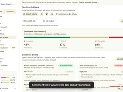 AnswerGravity Sentiment drivers page showing favorable, neutral, and unfavorable distribution plus positive and negative brand drivers.