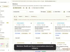 AnswerGravity Mentions page displaying cards for example Reddit and Quora discussions, with keyword, ranking, traffic, and draft status labels.