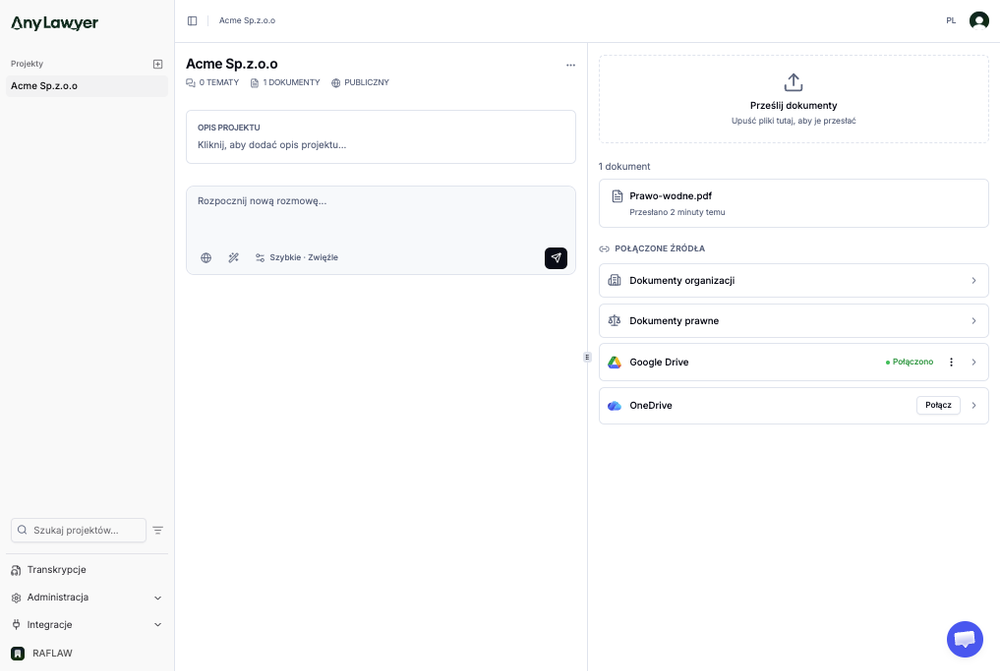 AnyLawyer project workspace with document upload, a legal PDF, and connected Google Drive and OneDrive sources.