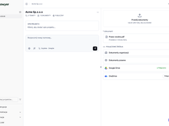 AnyLawyer project workspace with document upload, a legal PDF, and connected Google Drive and OneDrive sources.