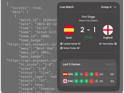 Dark-themed sports data interface showing a live Spain versus England match score, scorers, recent form, and standings alongside JSON API output.