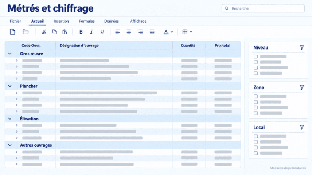 Quantity takeoff and costing screen with work categories, quantities, prices, and level, zone, and room filters.