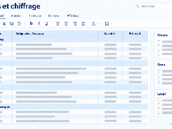 Quantity takeoff and costing screen with work categories, quantities, prices, and level, zone, and room filters.