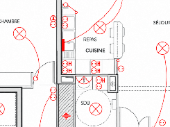 Electrical floor plan with red wiring routes, outlets, and lighting symbols.