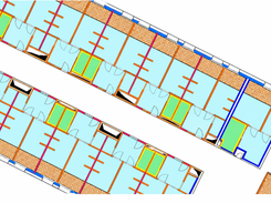 Colored architectural floor plan with rooms, doors, walls, and hatched exterior areas.