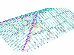 3D roof framing model with color-coded structural members.