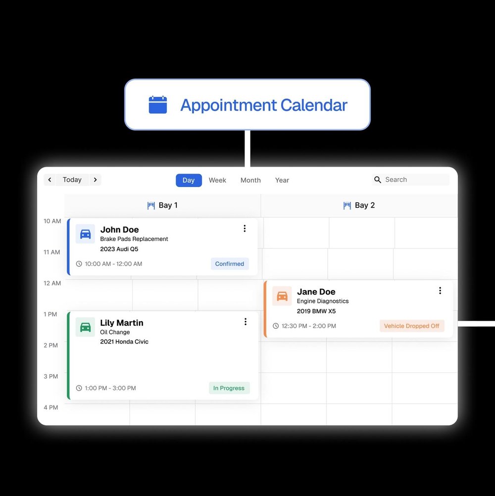 A day-view appointment calendar with two service bays and cards for brake replacement, engine diagnostics, and an oil change.