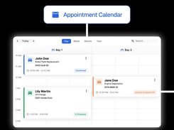 A day-view appointment calendar with two service bays and cards for brake replacement, engine diagnostics, and an oil change.