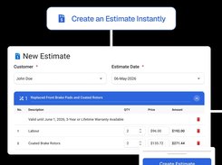 A New Estimate form showing a customer, estimate date, brake-service line items, quantities, prices, and a Create Estimate button.