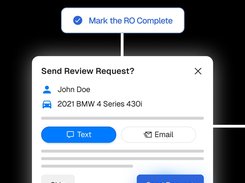 A Send Review Request dialog for a customer and vehicle with Text, Email, Skip, and Send Request controls.