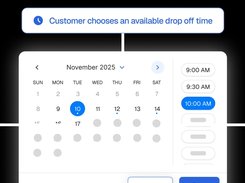 A November 2025 calendar and available drop-off times with 10:00 AM selected above Cancel and Save buttons.