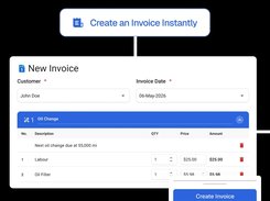 A New Invoice form showing a customer, invoice date, oil-change line items, quantities, prices, and a Create Invoice button.