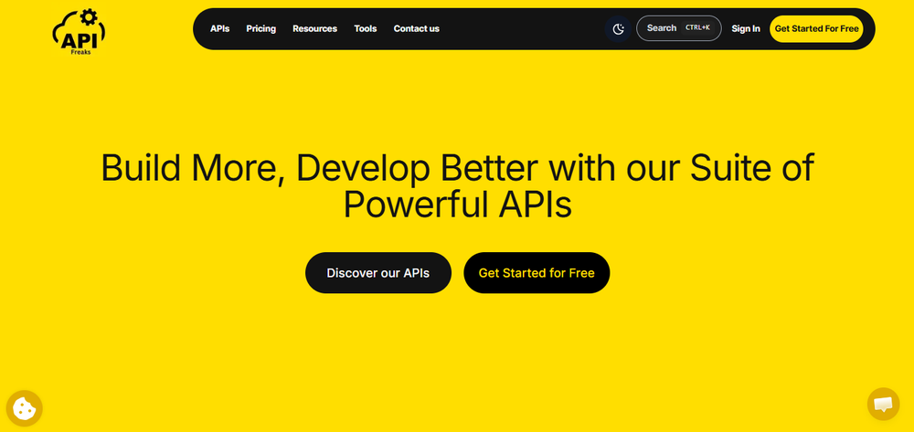 APIFreaks homepage, showing the entry point to 60+ production-ready REST APIs with free-tier signup.