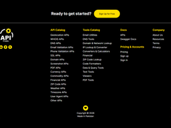 Full APIFreaks catalog, all 19 API categories from geolocation and WHOIS to PDF, currency, and weather, plus the tools catalog and company links.
