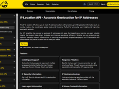 IP Geolocation API product page, showing multilingual support, IP security data, hostname lookup, and a 10,000 free-credit tier with no credit card required.