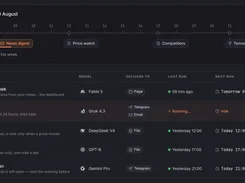 Dark automation scheduling interface with a day timeline and rows for agents including Update This Week, News digest, Price watch, Competitors, and Tomorrow’s plan.