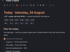 Dark-themed note editor titled “Today’s digest” with weather information and a checklist for the day.