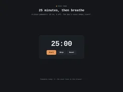 Minimal dark focus-timer page showing a 25:00 countdown and Start, Skip, and Reset buttons.
