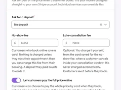 Deposits settings page with deposit selection, no-show and late-cancellation fee fields, and an online full-payment toggle.