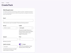 Create Pack form with fields for a service, session count, price, validity period, and sale status.
