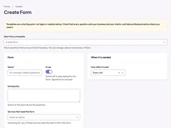 Create Form page with a template selector, form name and introduction fields, service assignment, and frequency setting.