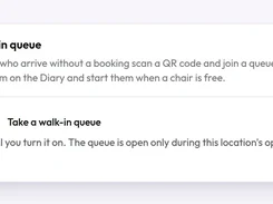 Walk-in queue settings card with a disabled toggle and explanatory text about QR-code queue joining.
