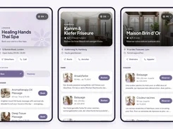 Three mobile booking pages for spa and hair businesses in English, German, and French, with service cards and booking buttons.