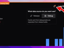 Dark analytics dashboard with a tooltip for choosing Release or Debug data, highlighted by a red curved arrow.