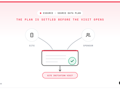 A source-data-plan workflow connecting site and sponsor icons to an approved record before a site initiation visit.
